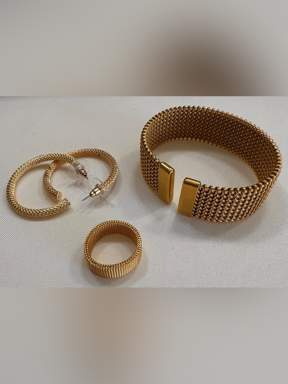 Vintage Gold Plated Mesh Bracelet, Stretchable Ring & Hoop Earring Set